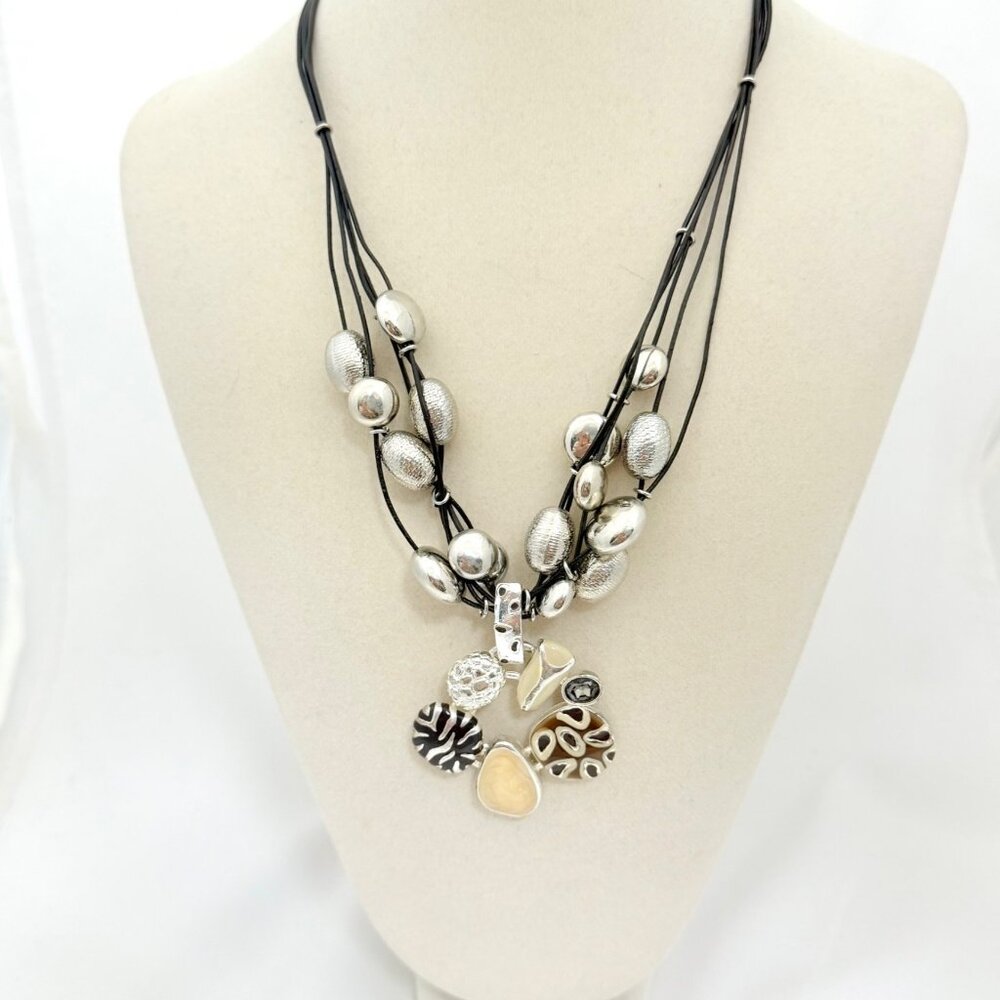 Chico's Multi-Strand Black Cord Necklace W/ Silver-Tone Beads & Abstract Pendant